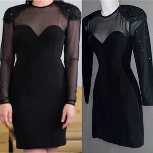 Vintage HW Collections Little Black Long Sleeve Shoulder Pad Sheer Dress Small 4